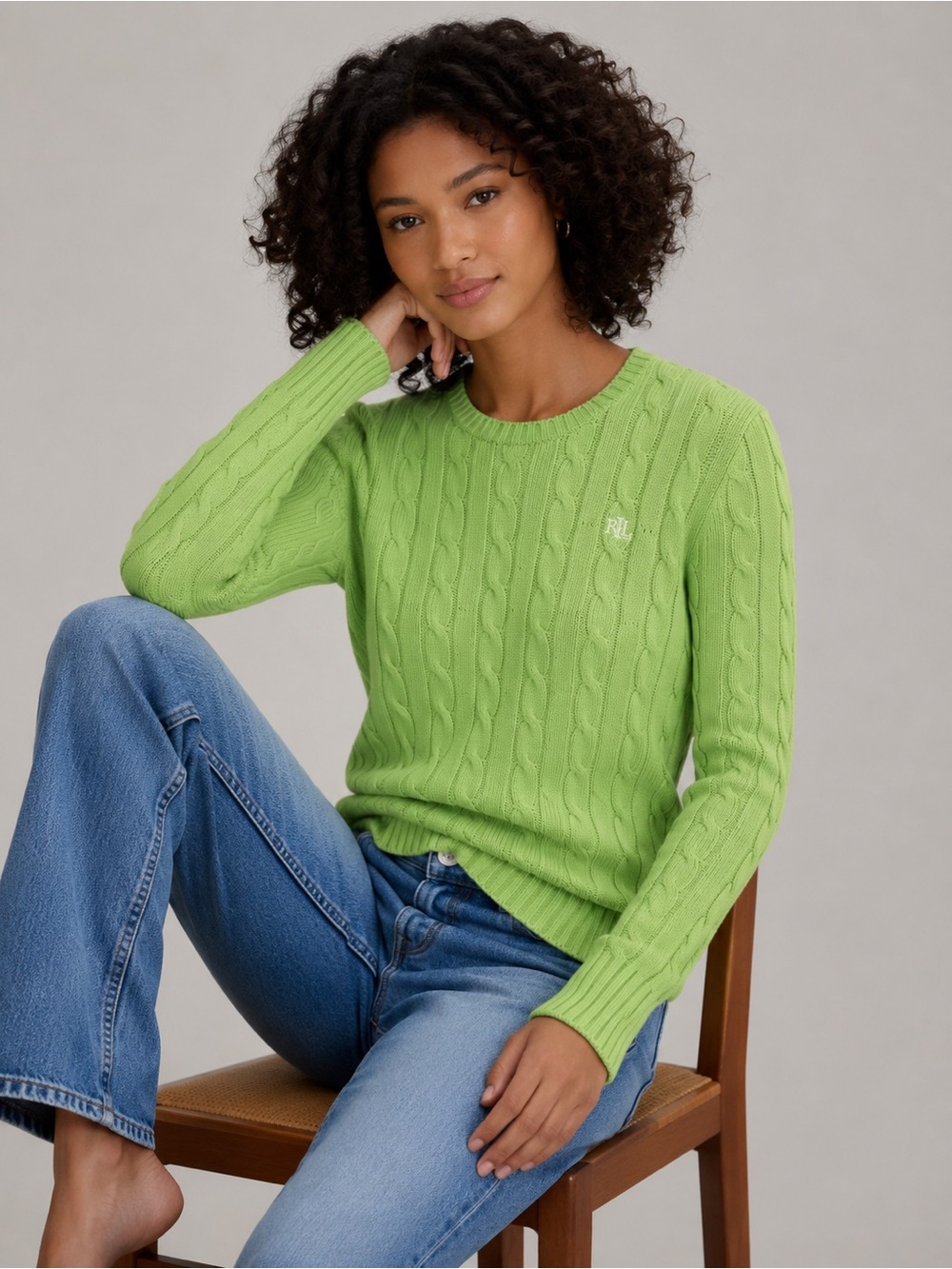 Lauren Ralph Lauren Cable Knit Sweater Lime Green Crewneck Cotton Women Size 1X